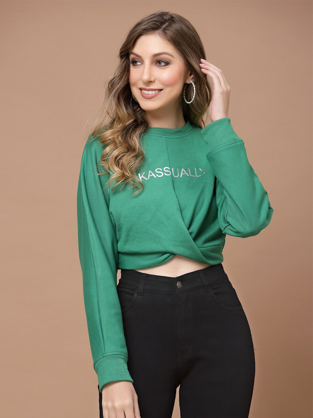 

KASSUALLY Round Neck Printed Sweatshirt, Green