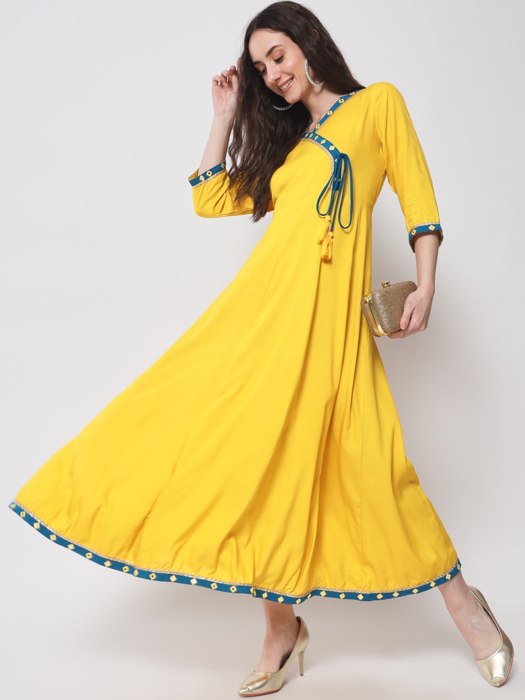 HERE&NOW Yoke Design A-Line Ethnic Dress, Yellow