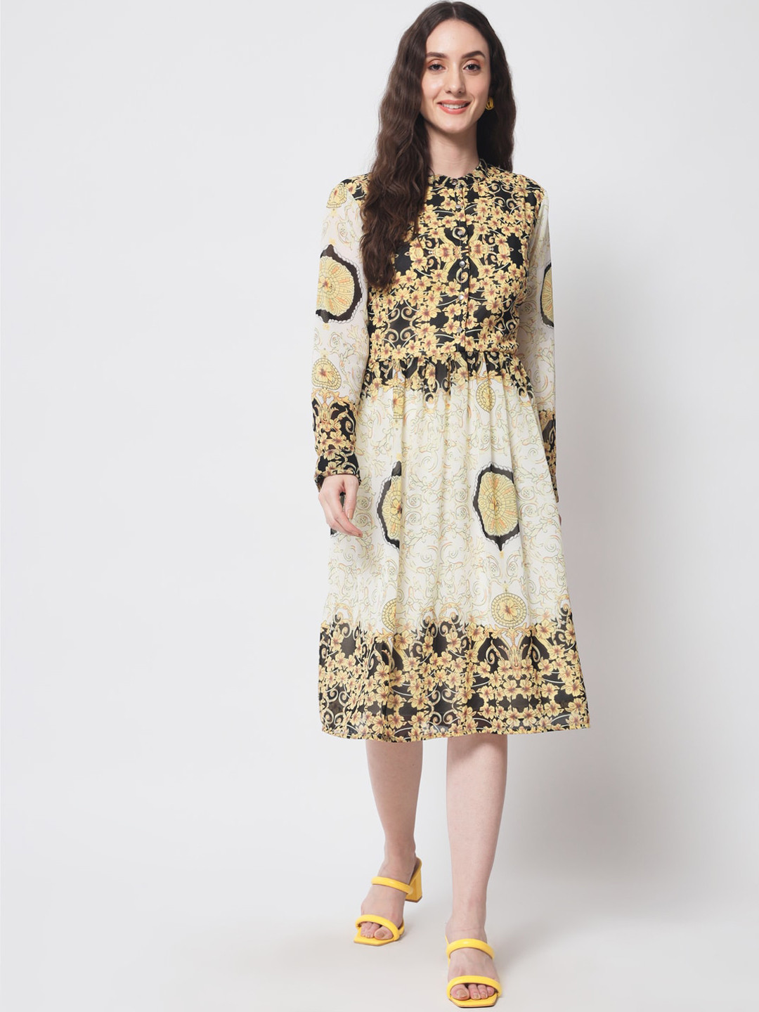

HERE&NOW Floral Printed Georgette A-Line Dress, Cream