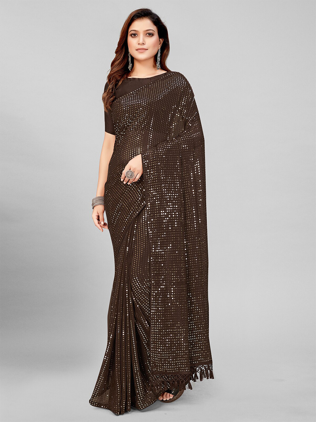 

Granthva Fab Embellished Sequinned Pure Georgette Saree, Coffee brown
