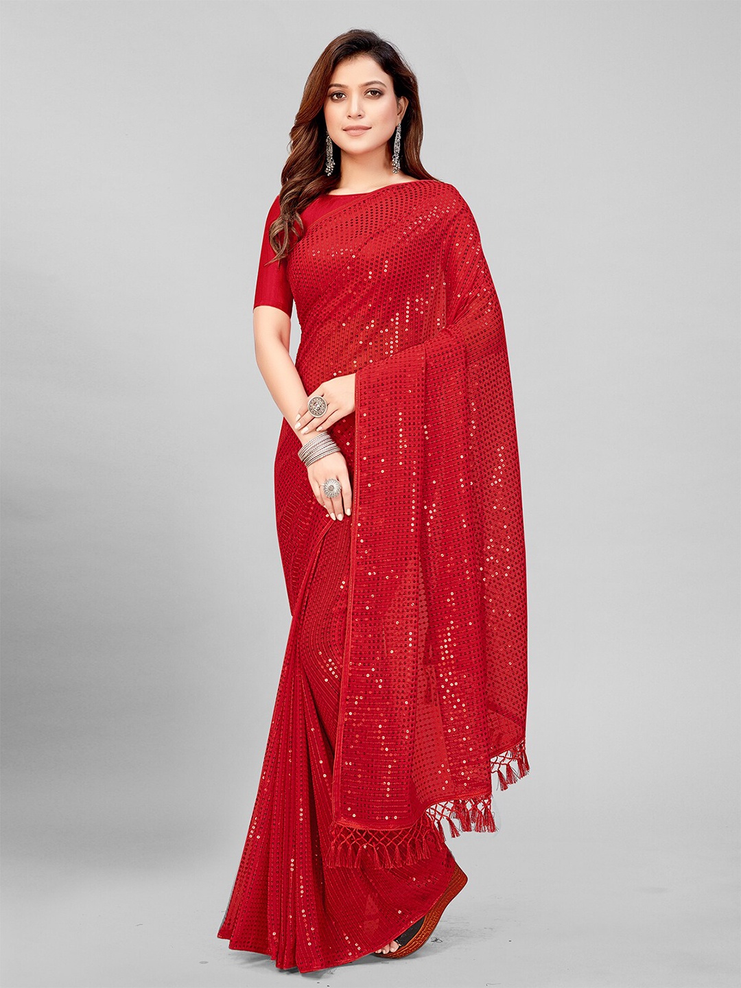

Granthva Fab Embellished Sequinned Pure Georgette Saree, Red
