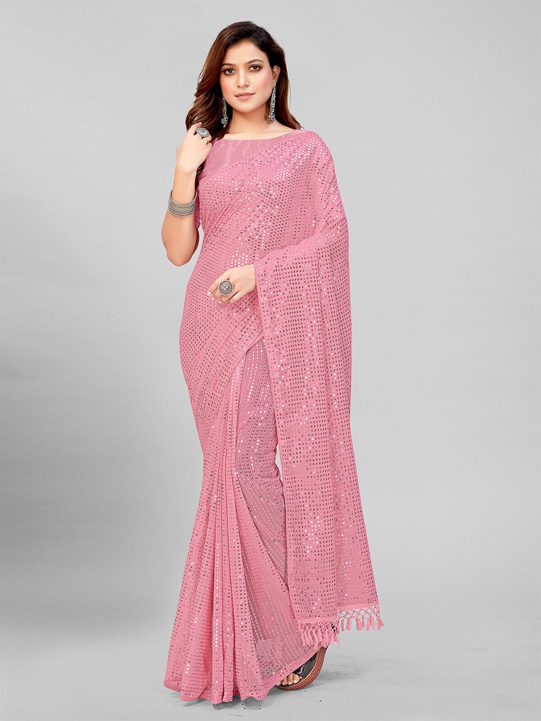 

Granthva Fab Embellished Sequinned Pure Georgette Saree, Pink