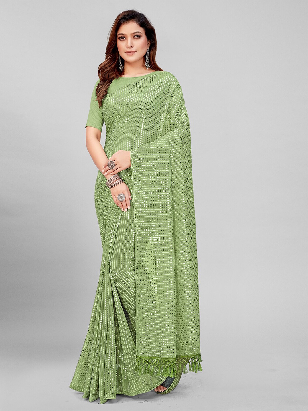

Granthva Fab Embellished Sequinned Pure Georgette Saree, Fluorescent green