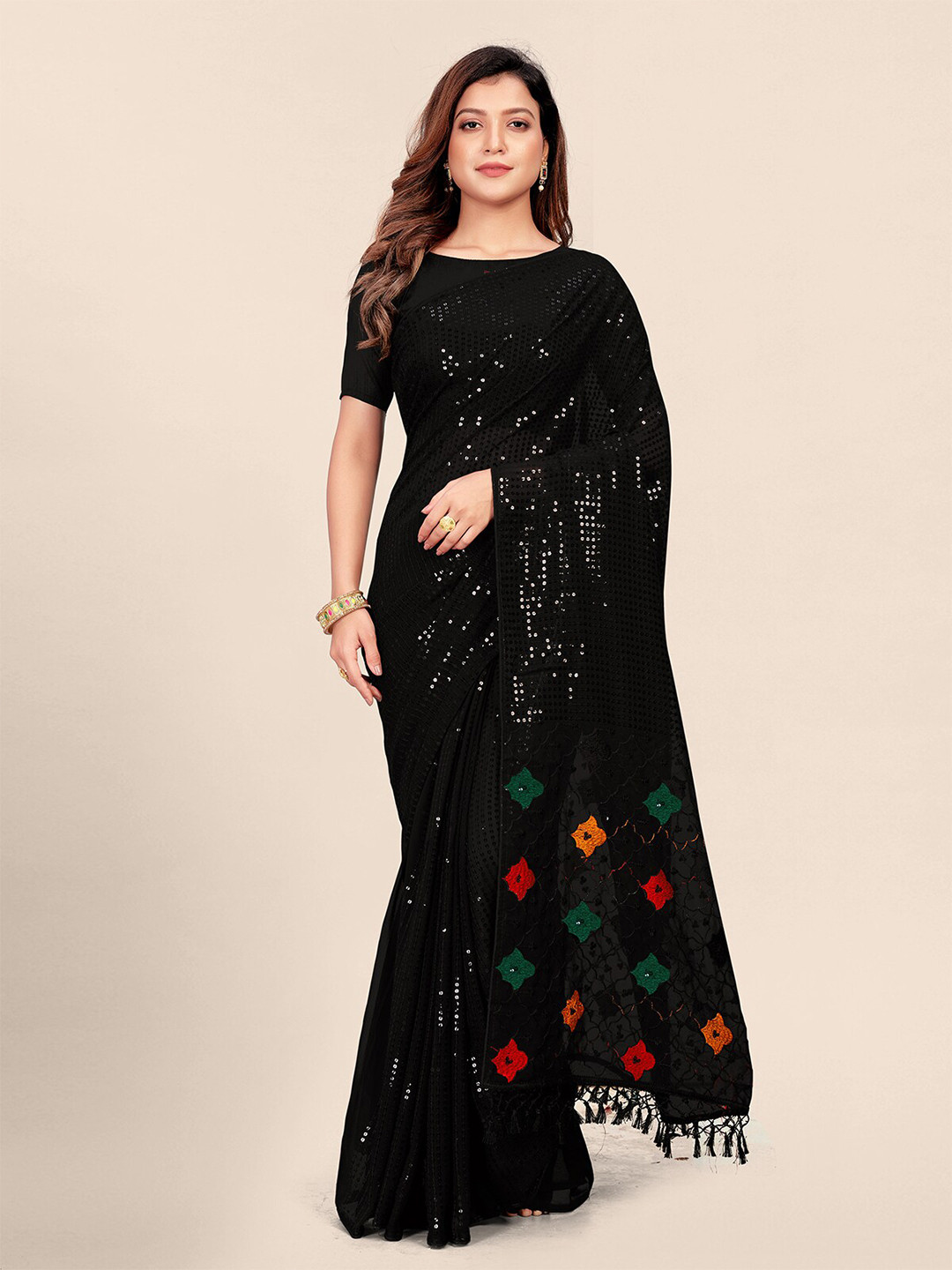 

Granthva Fab Embellished Sequinned Pure Georgette Saree, Black