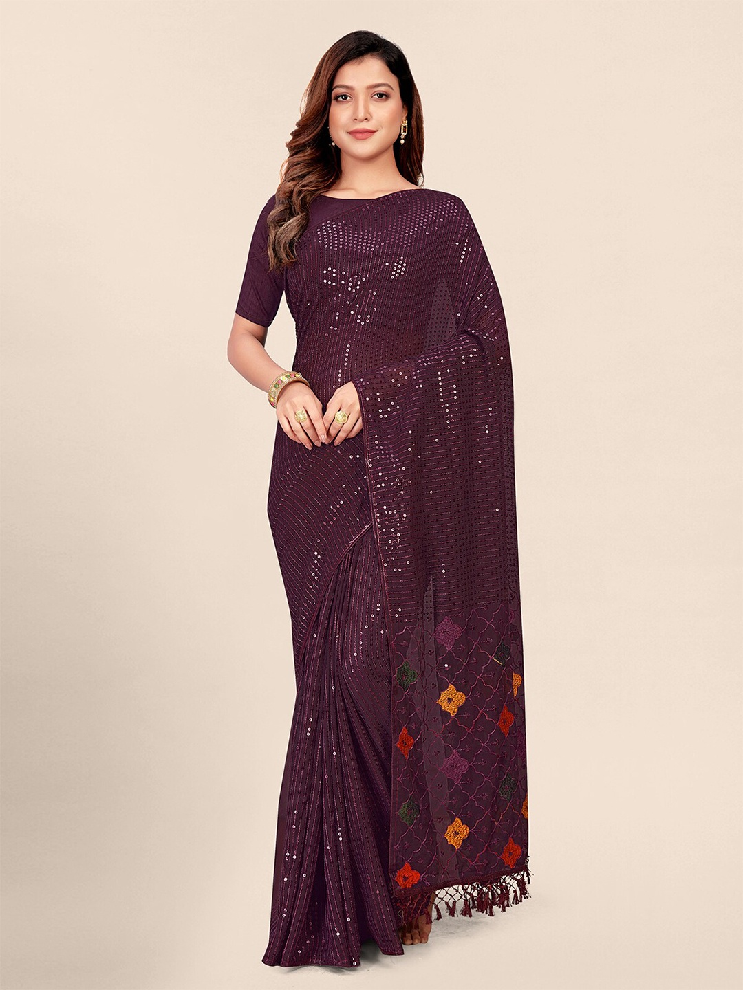 

Granthva Fab mbellished Sequinned Pure Georgette Saree, Purple
