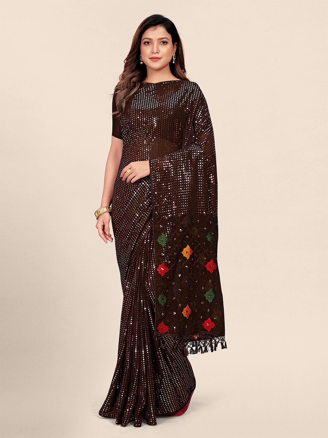 

Granthva Fab Embellished Sequinned Pure Georgette Saree, Brown