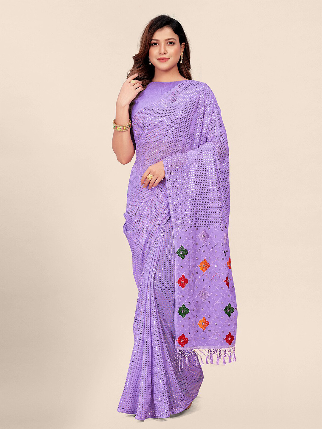 

Granthva Fab Embellished Sequinned Pure Georgette Saree, Mauve