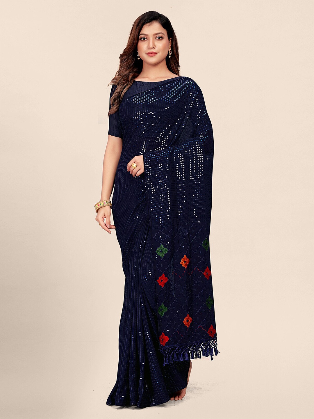 

Granthva Fab Embellished Sequinned Pure Georgette Saree, Blue