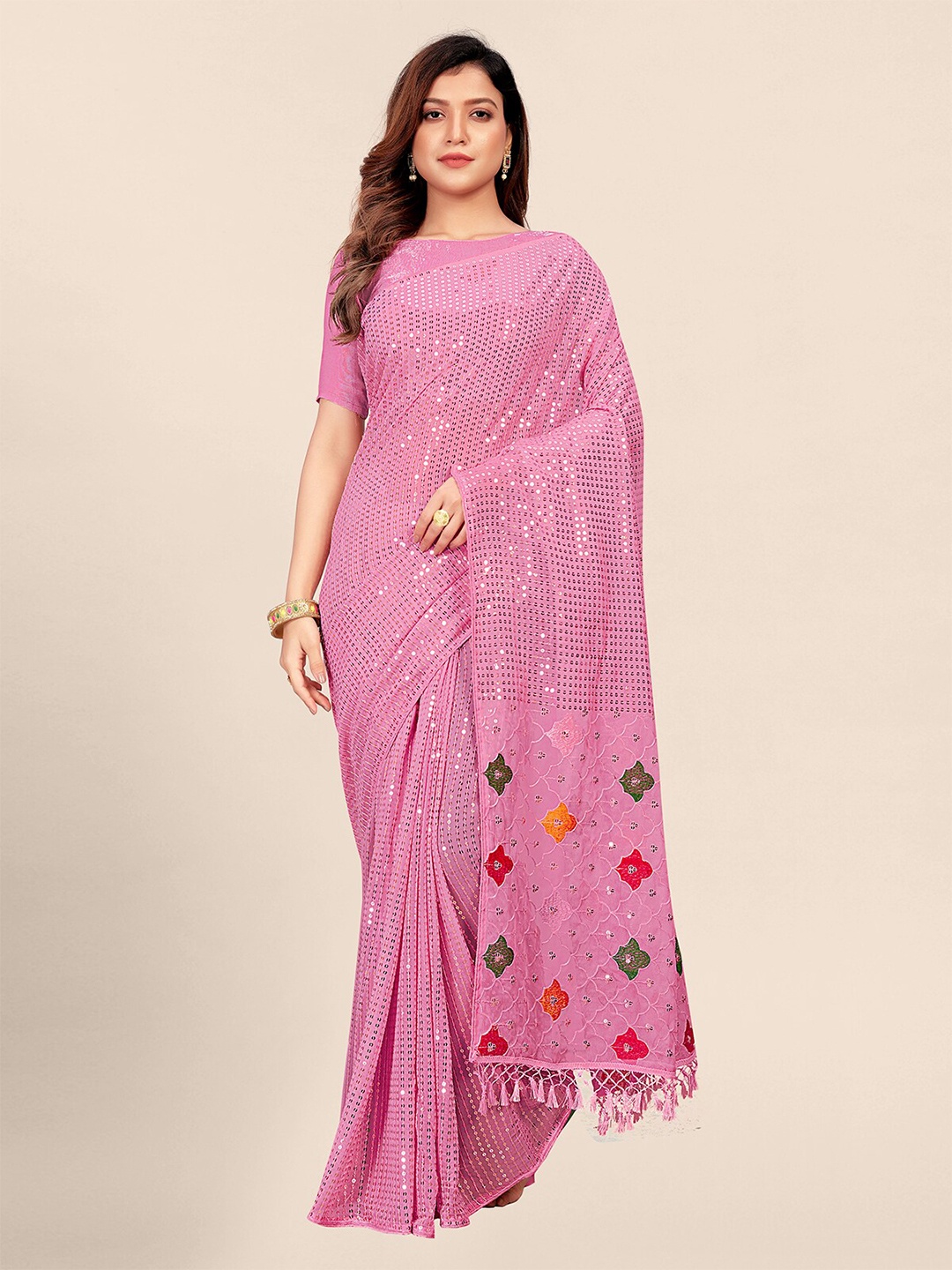 

Granthva Fab Embellished Sequinned Pure Georgette Saree, Peach