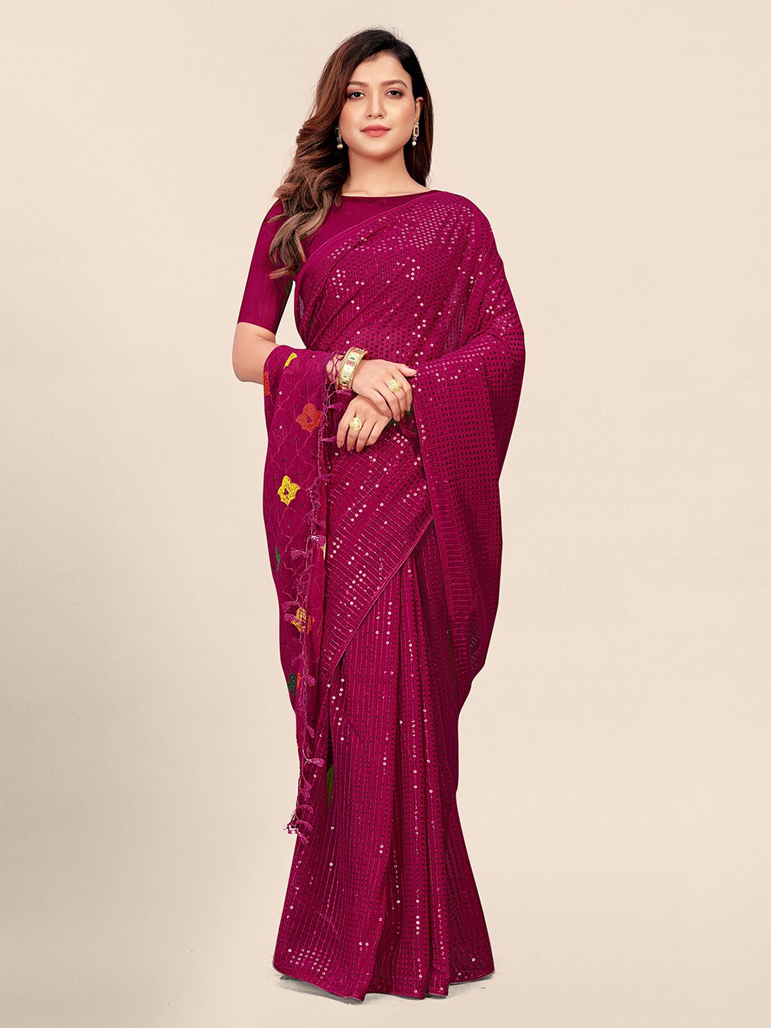 

Granthva Fab Embellished Sequinned Pure Georgette Saree, Pink