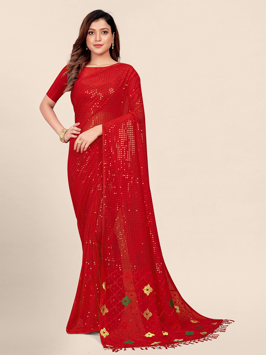 

Granthva Fab Embellished Sequinned Pure Georgette Saree, Red