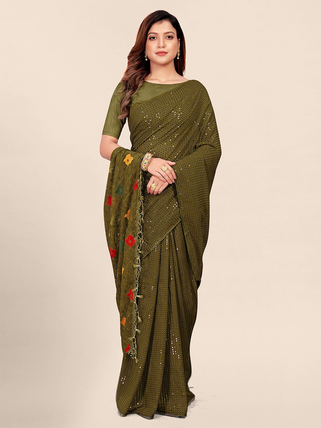 

Granthva Fab Embellished Sequinned Pure Georgette Saree, Olive