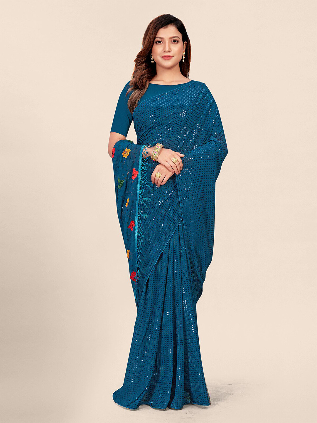 

Granthva Fab Embellished Sequinned Pure Georgette Saree, Teal