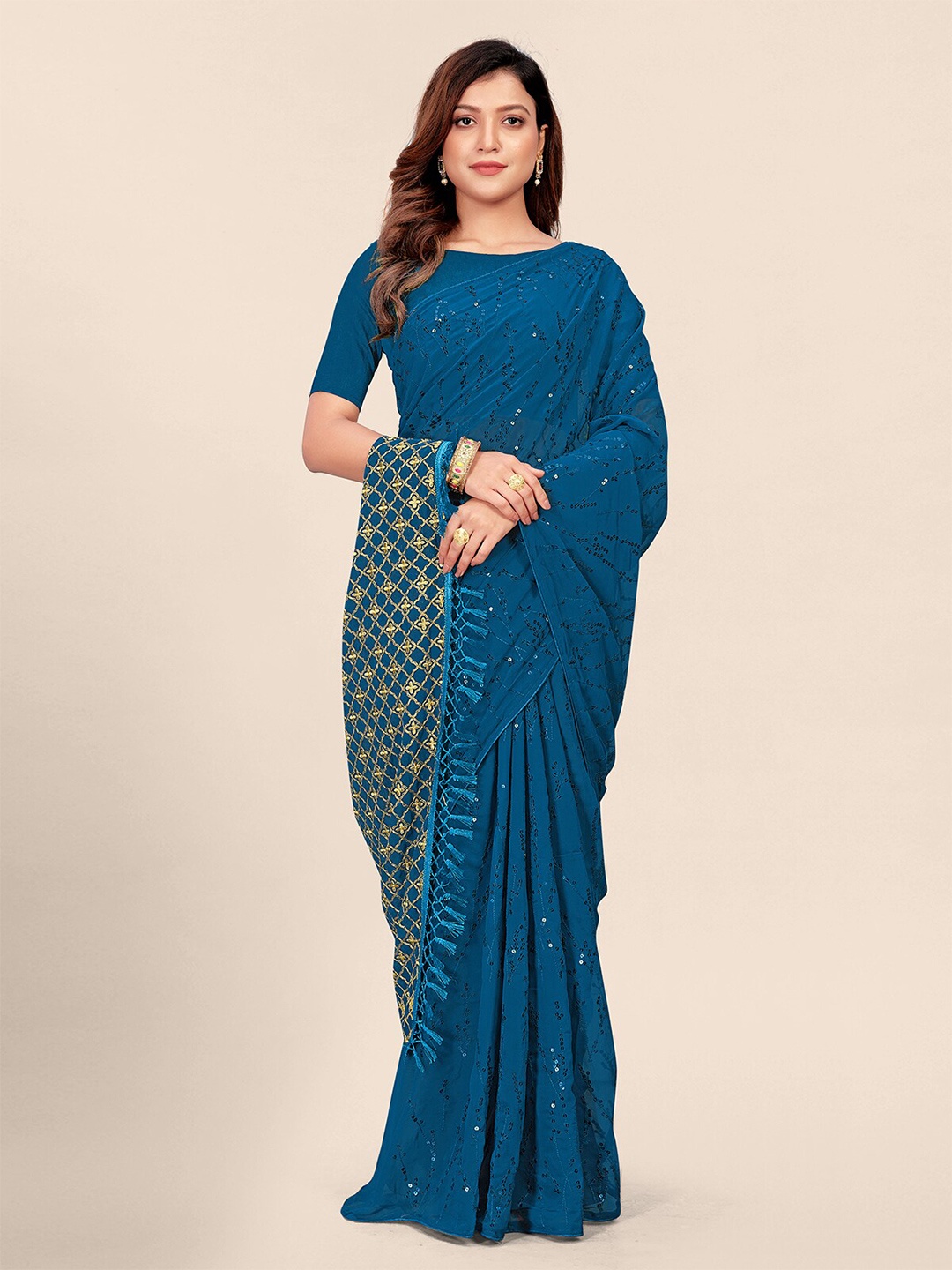 

Granthva Fab Embellished Sequinned Pure Georgette Saree, Teal