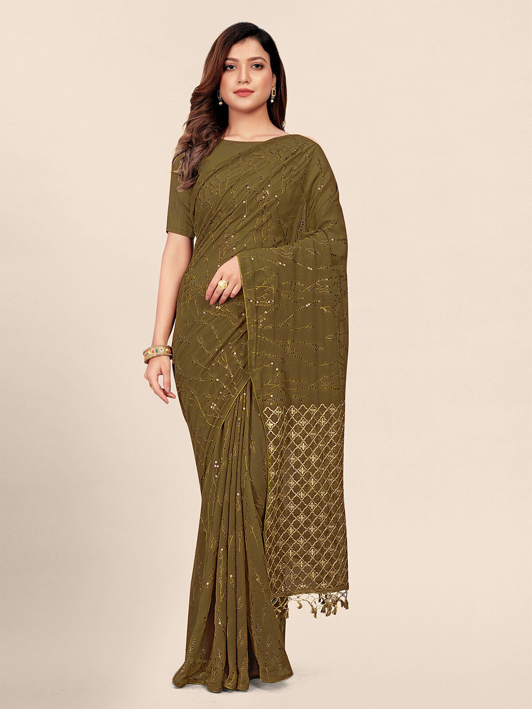 

Granthva Fab Embellished Sequinned Pure Georgette Saree, Olive