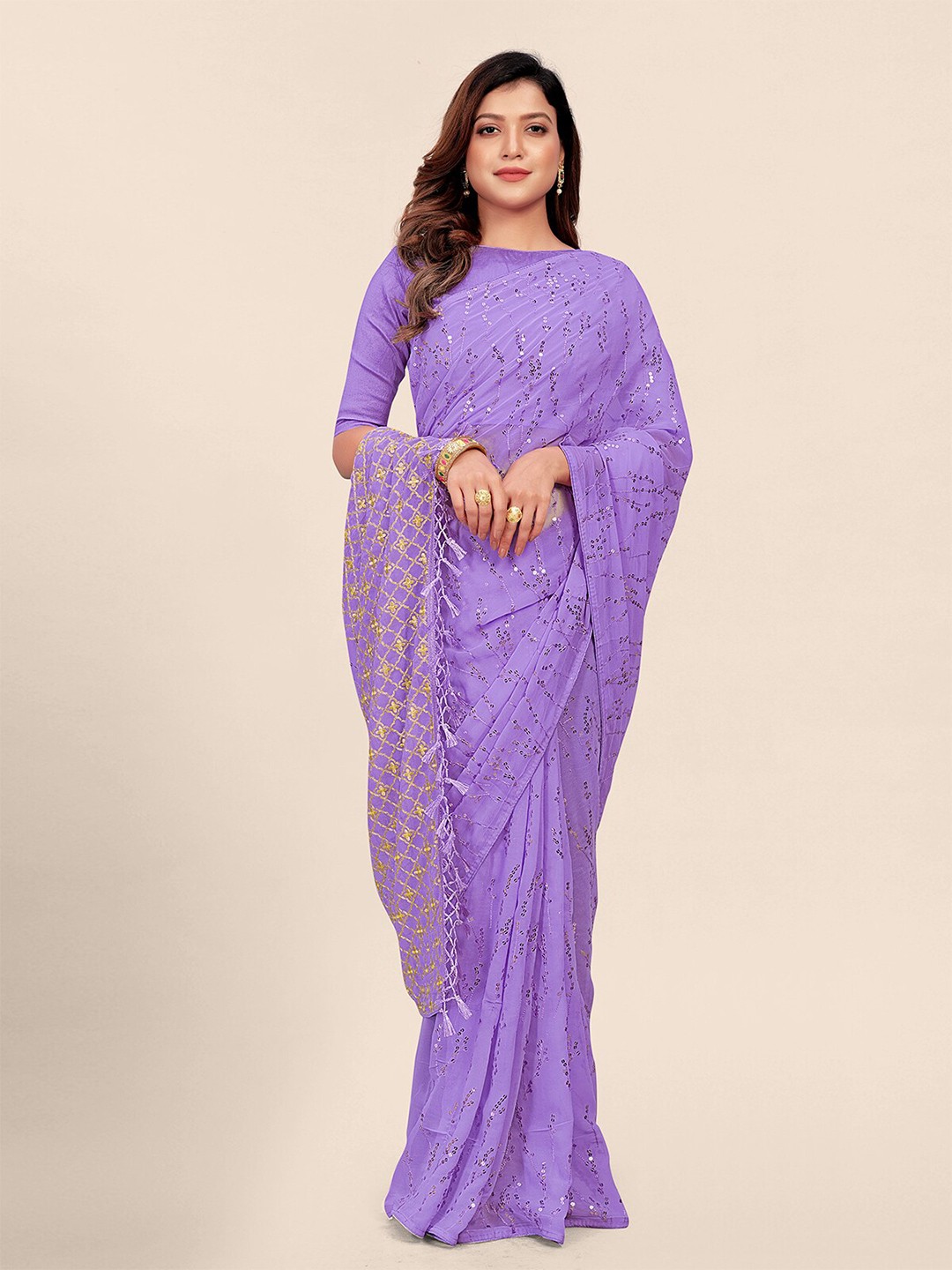 

Granthva Fab Embellished Sequinned Pure Georgette Saree, Mauve