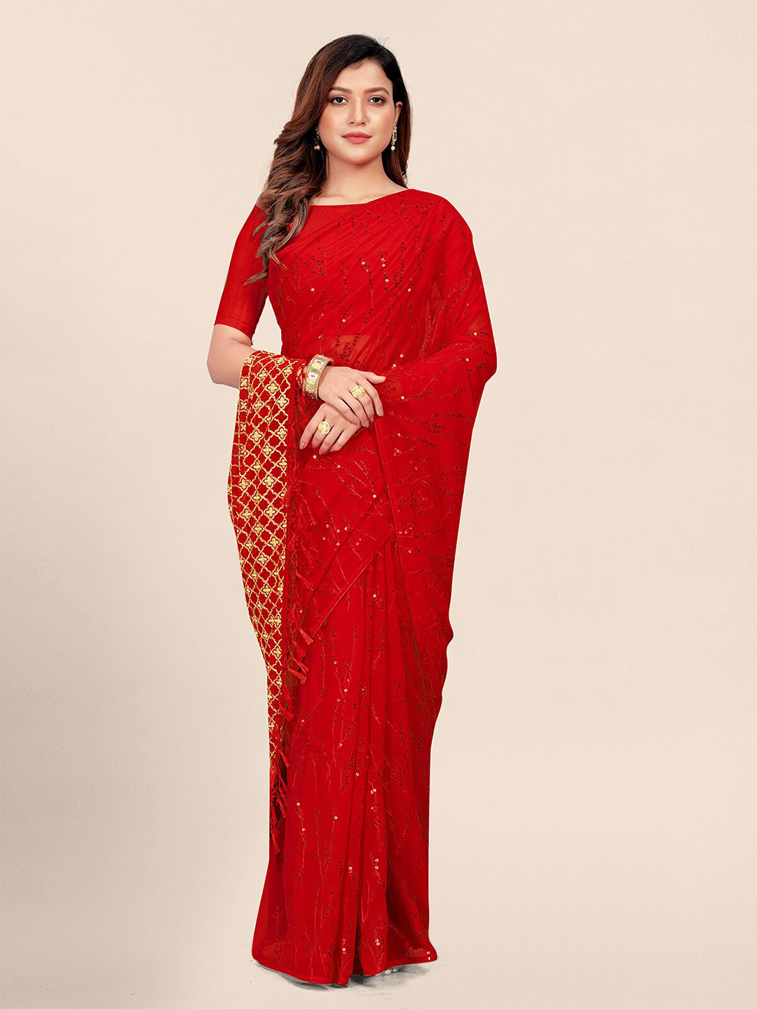 

Granthva Fab Embellished Sequinned Pure Georgette Saree, Red