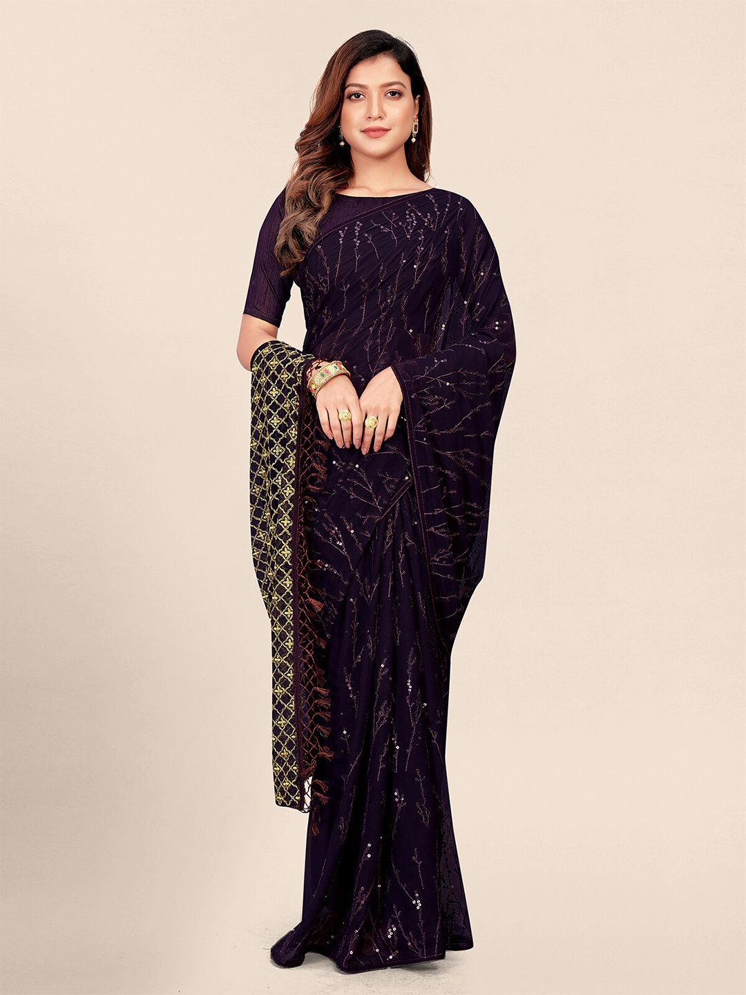 Granthva Fab Embellished Sequinned Pure Georgette Saree, Burgundy