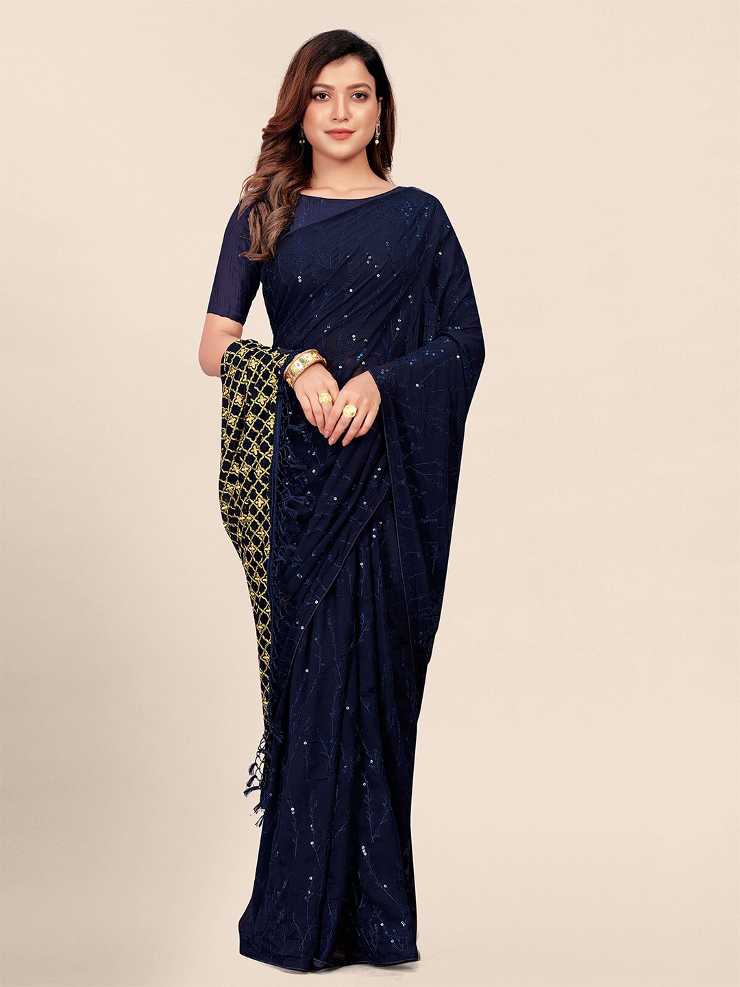 

Granthva Fab Embellished Sequinned Pure Georgette Saree, Navy blue