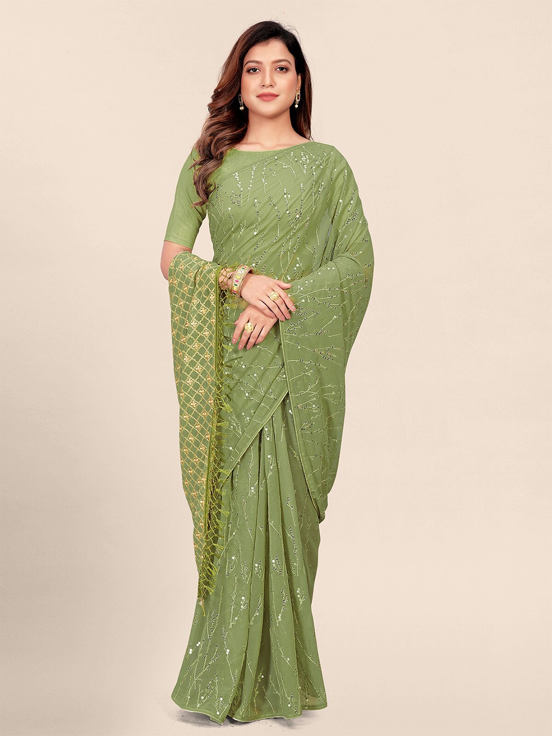 

Granthva Fab Embellished Sequinned Pure Georgette Saree, Fluorescent green