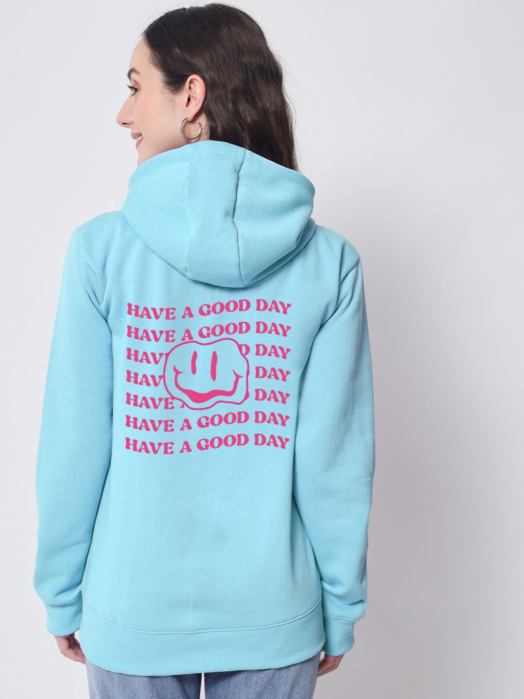 

FFLIRTYGO Women Turquoise Blue Printed Hooded Sweatshirt