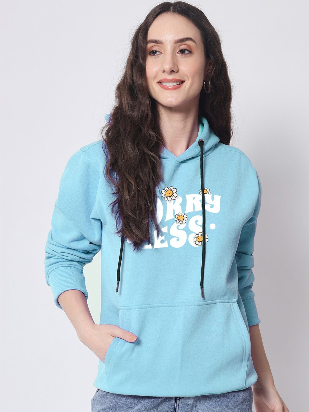

FFLIRTYGO Women Printed Hooded Fleece Sweatshirt, Turquoise blue