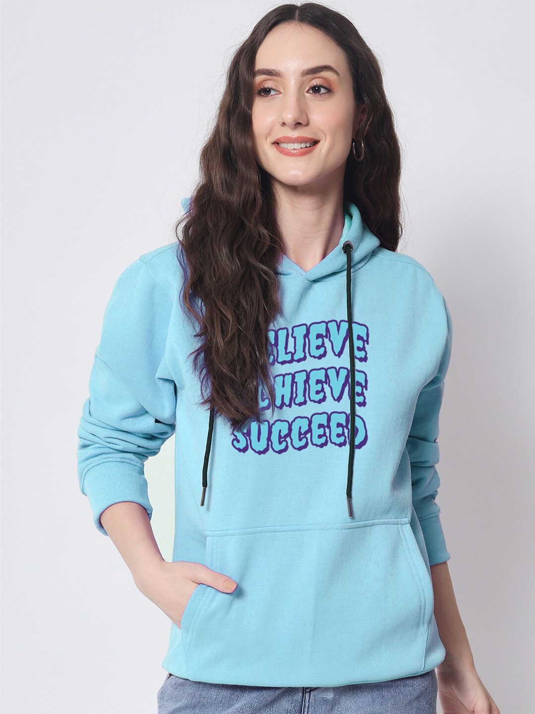 

FFLIRTYGO Women Printed Hooded Fleece Sweatshirt, Turquoise blue