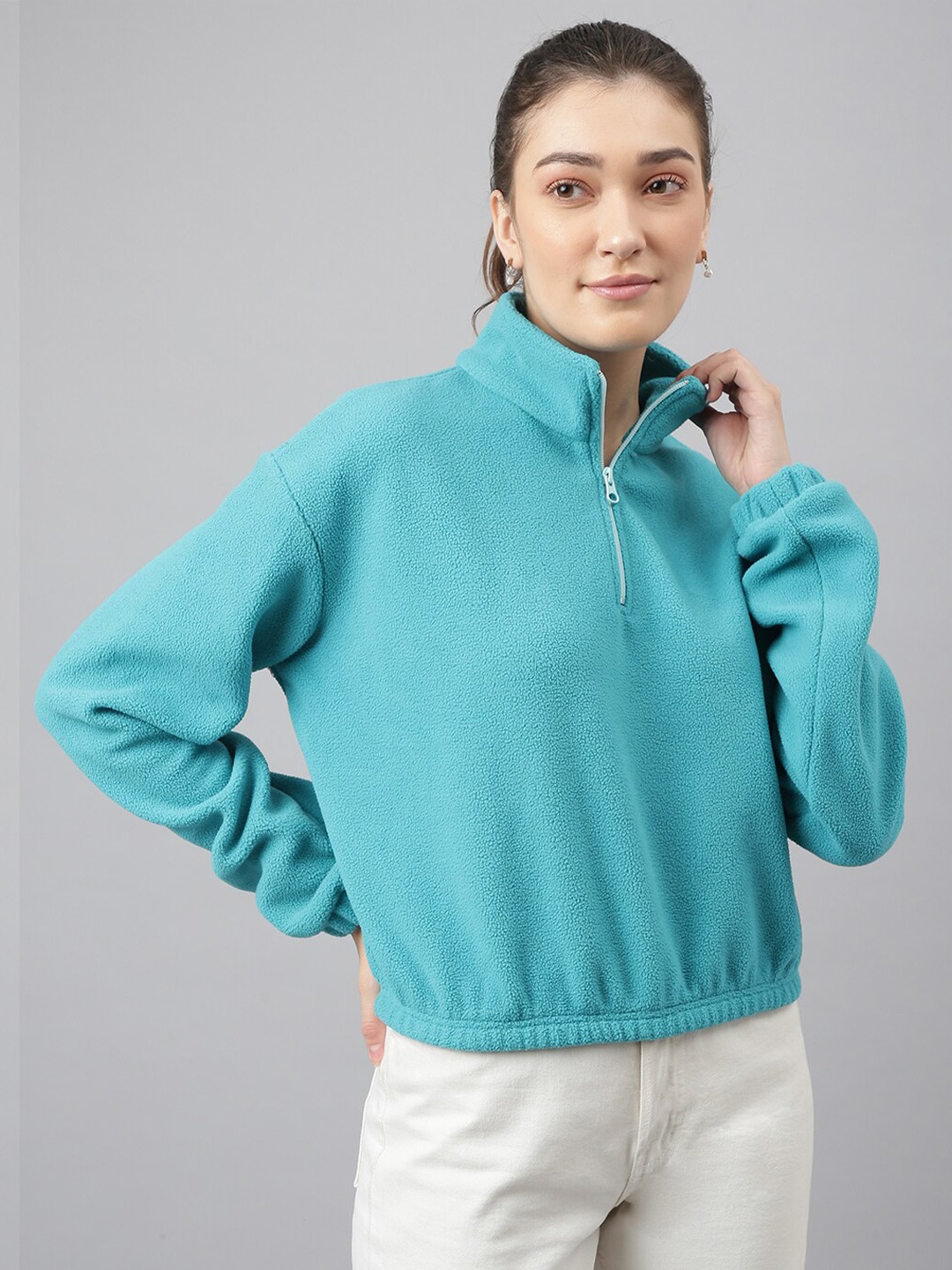 Pritla Mock Collar Pullover Sweatshirt, Turquoise blue