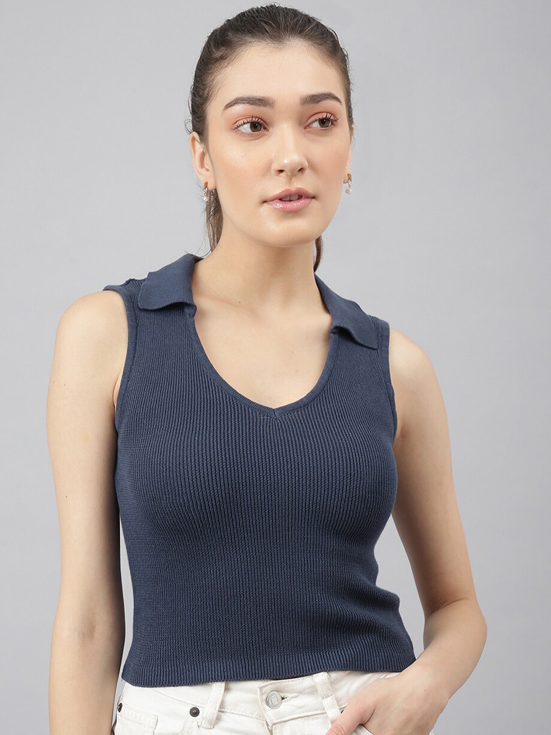 

Pritla Navy Organic Cotton Shirt Collar Top, Navy blue