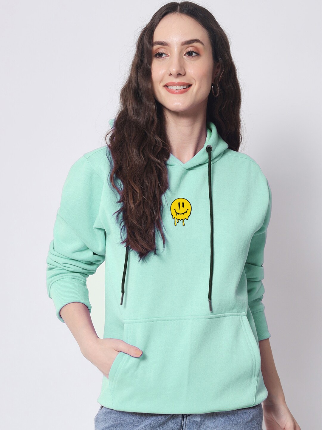 

FFLIRTYGO Women Fluorescent Green Printed Hooded Sweatshirt