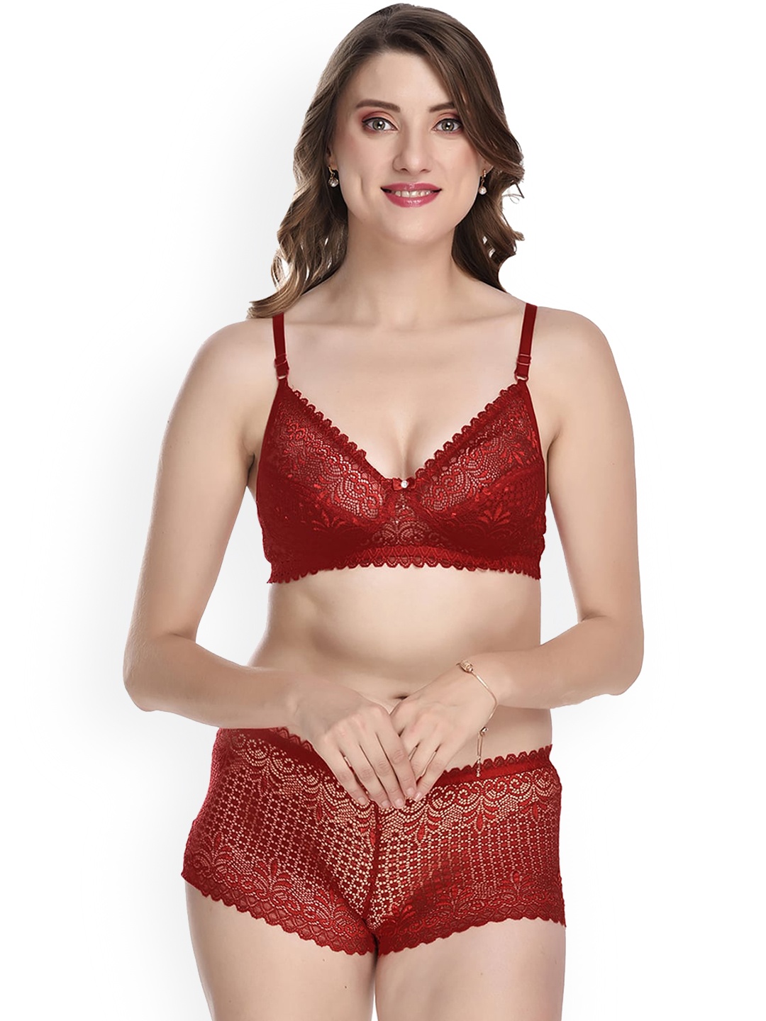 

AROUSY Self Designed Net Lingerie Set, Maroon