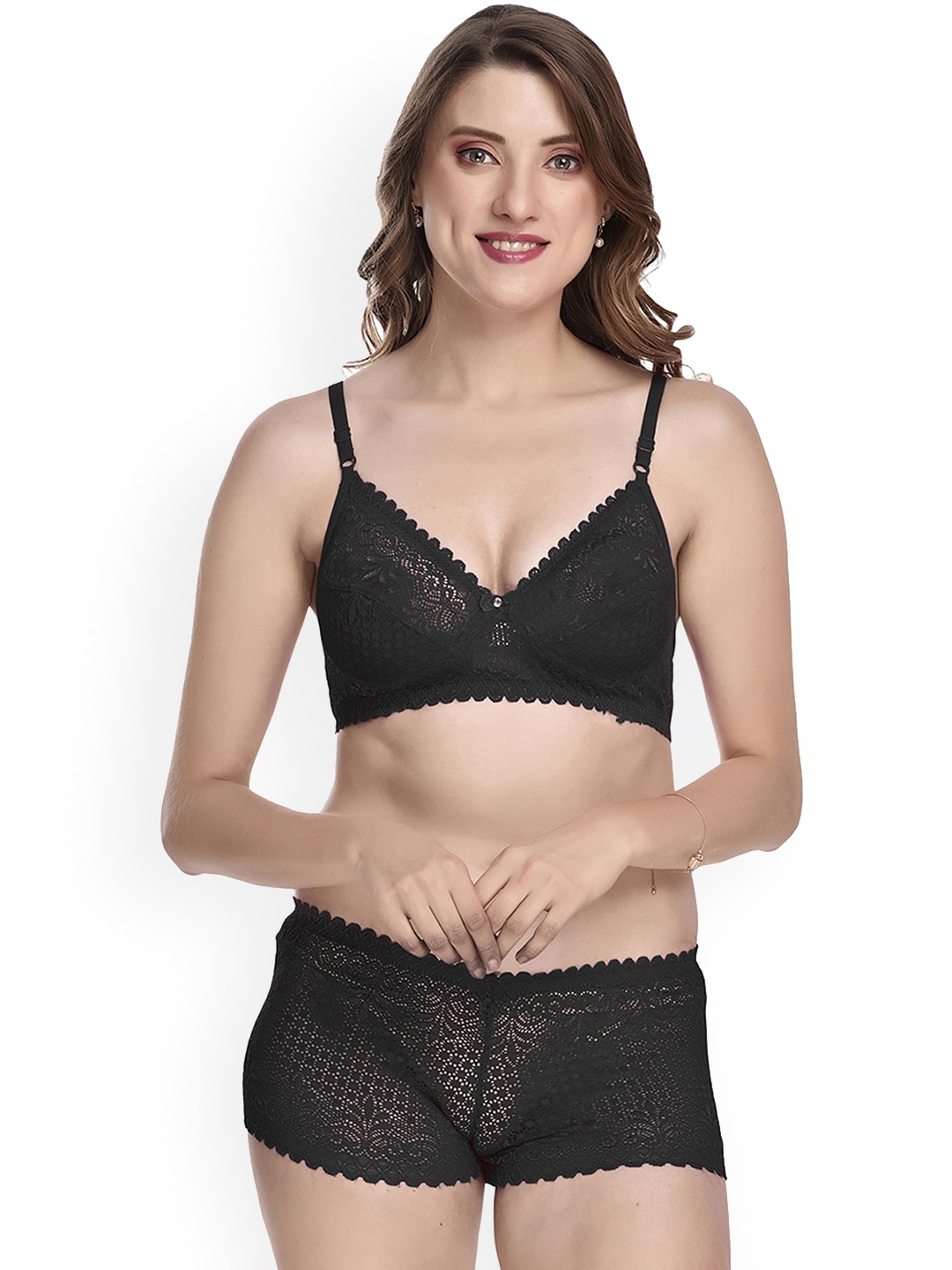 

AROUSY Self Design Net Lingerie Set, Black