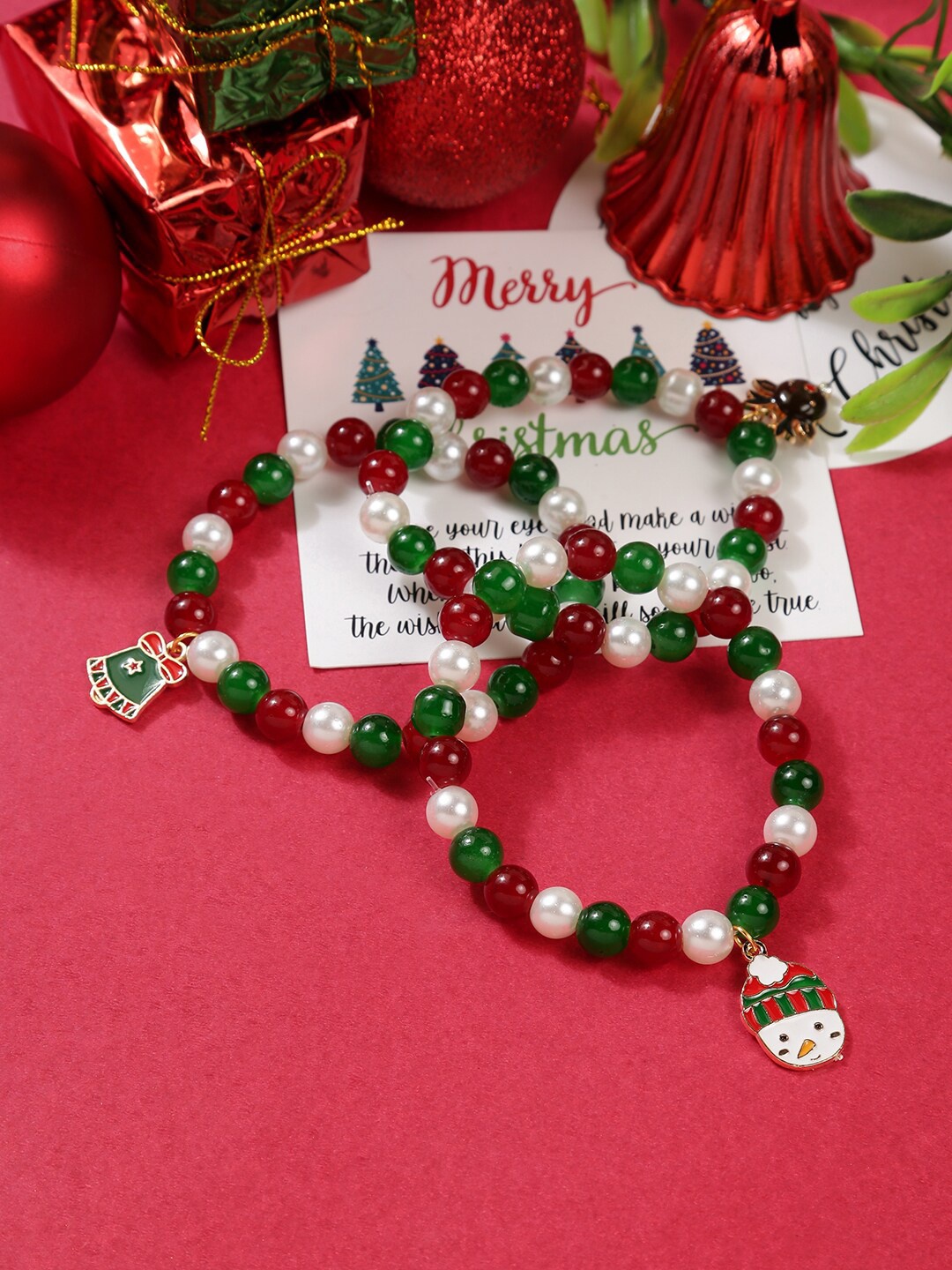 EL REGALO Christmas Women Set of 3 Elasticated Bracelet, Red