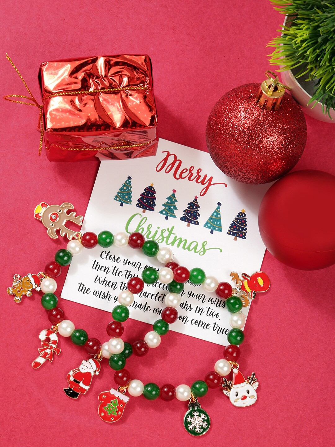 

EL REGALO Christmas Women Set of 2 Elasticated Bracelet, Red