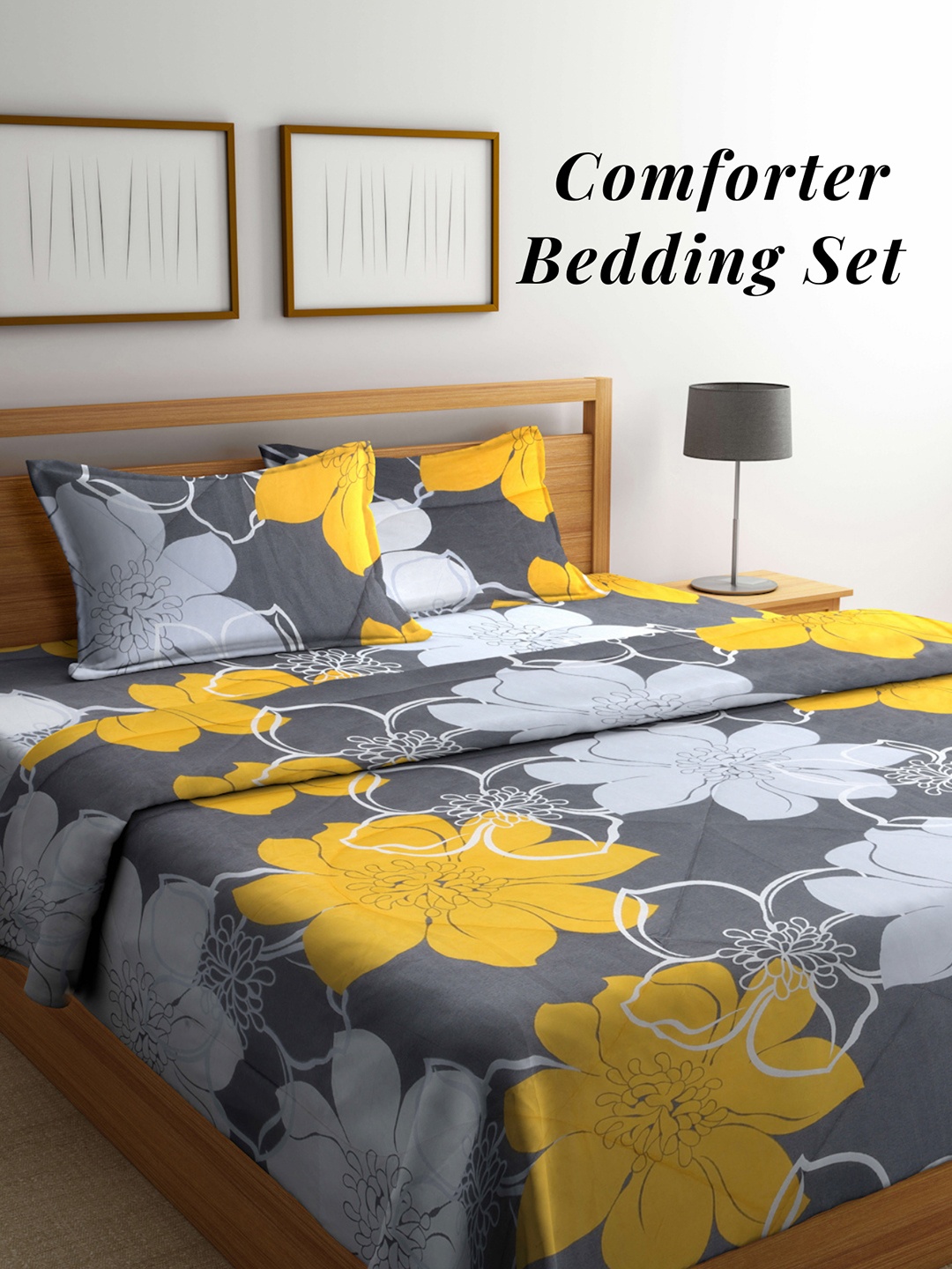 

Arrabi Grey & Blue Floral Mild Winter 550 GSM Double Bed Comforter with 2 Pillow Covers
