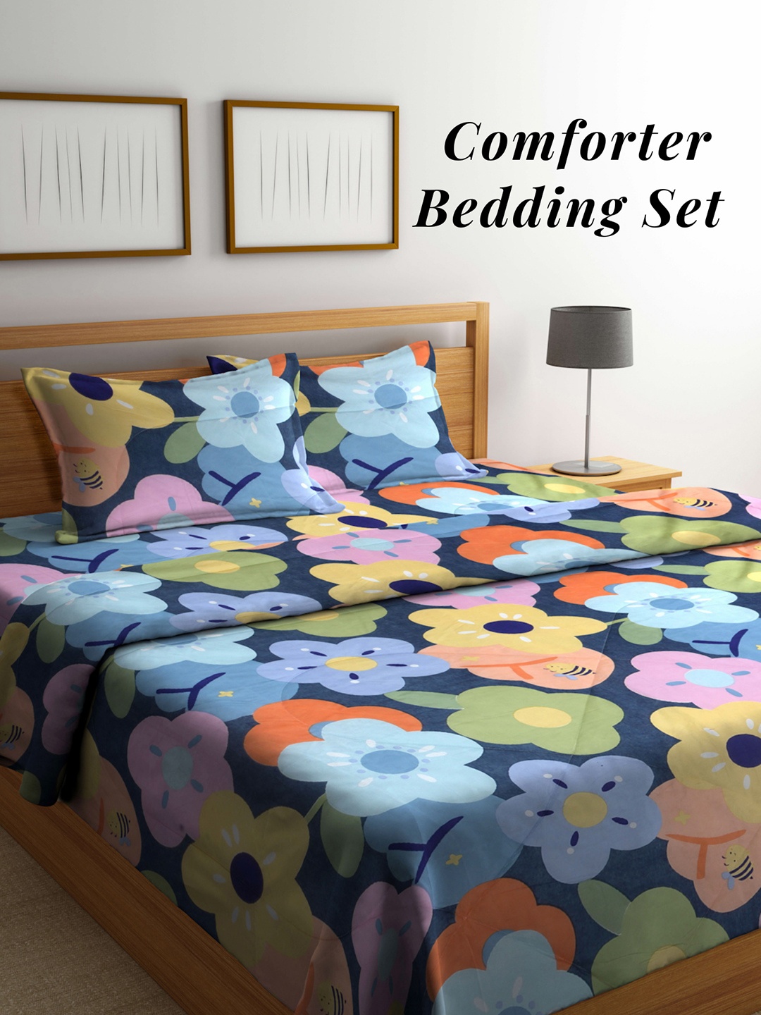 

Arrabi Beige Floral Mild Winter Double Queen Fine Bedsheet With Pillow Covers & Comforter, Blue