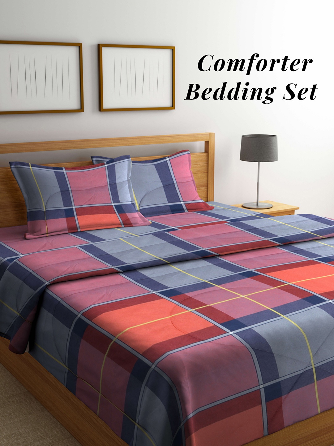 

Arrabi Grey & Pink Checked Mild Winter 550 GSM Double Bed Comforter with 2 Pillow Covers