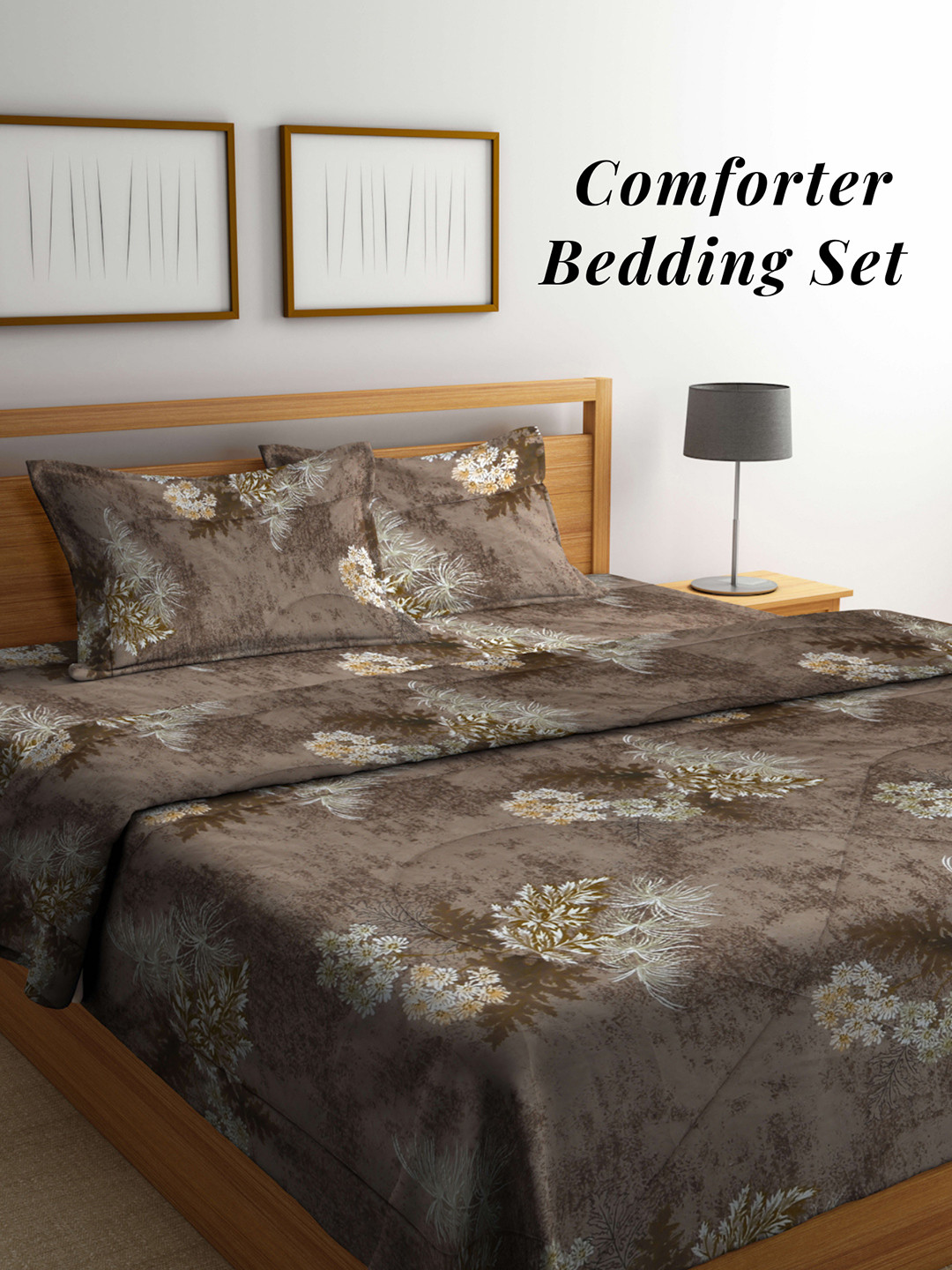

Arrabi Brown Floral Mild Winter Double Queen Fine Bedsheet With Pillow Covers & Comforter