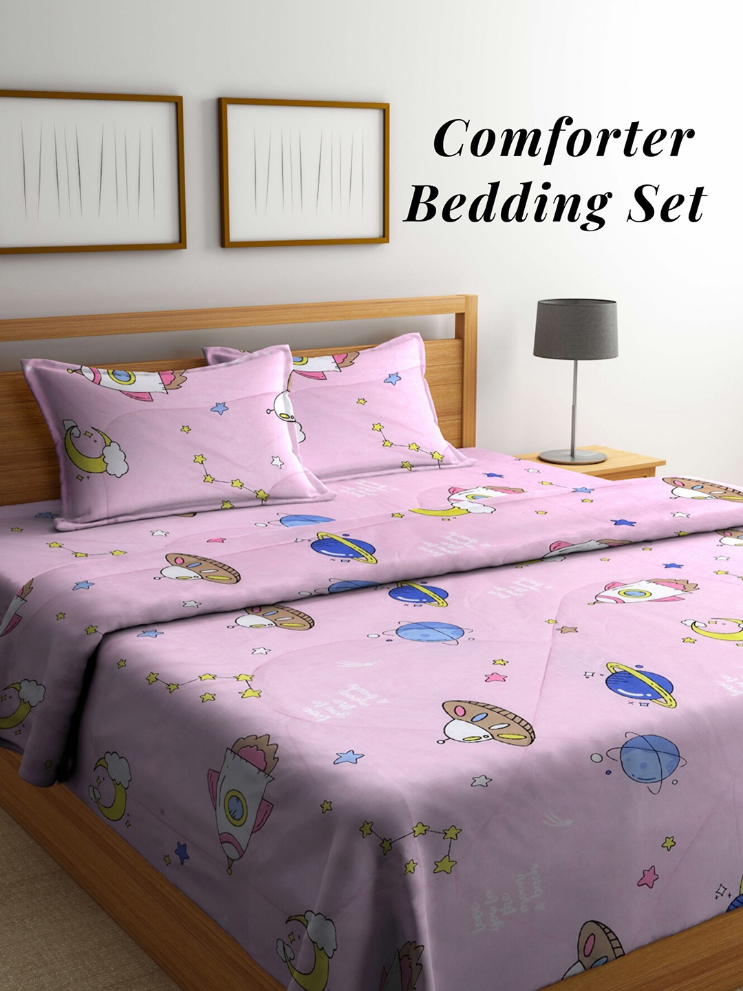 

Arrabi Pink & White Printed Mild Winter 550 GSM Double Bed Comforter with 2 Pillow Covers