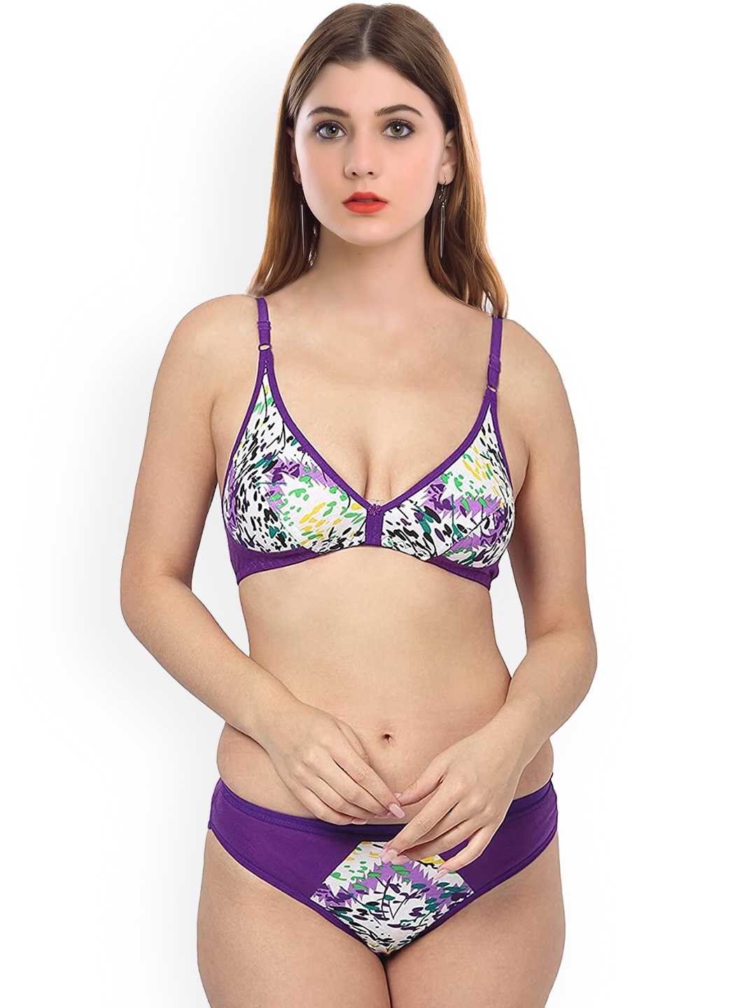 AROUSY Printed Non-Padded Cotton Lingerie Set, Purple