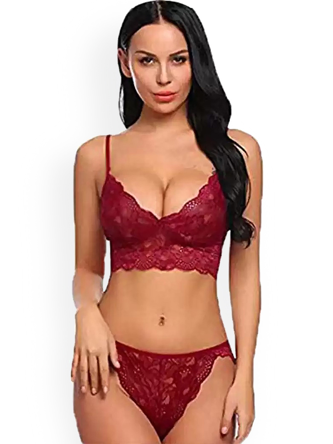 

AROUSY Self-Design Nylon Non-Padded Lingerie Set, Maroon
