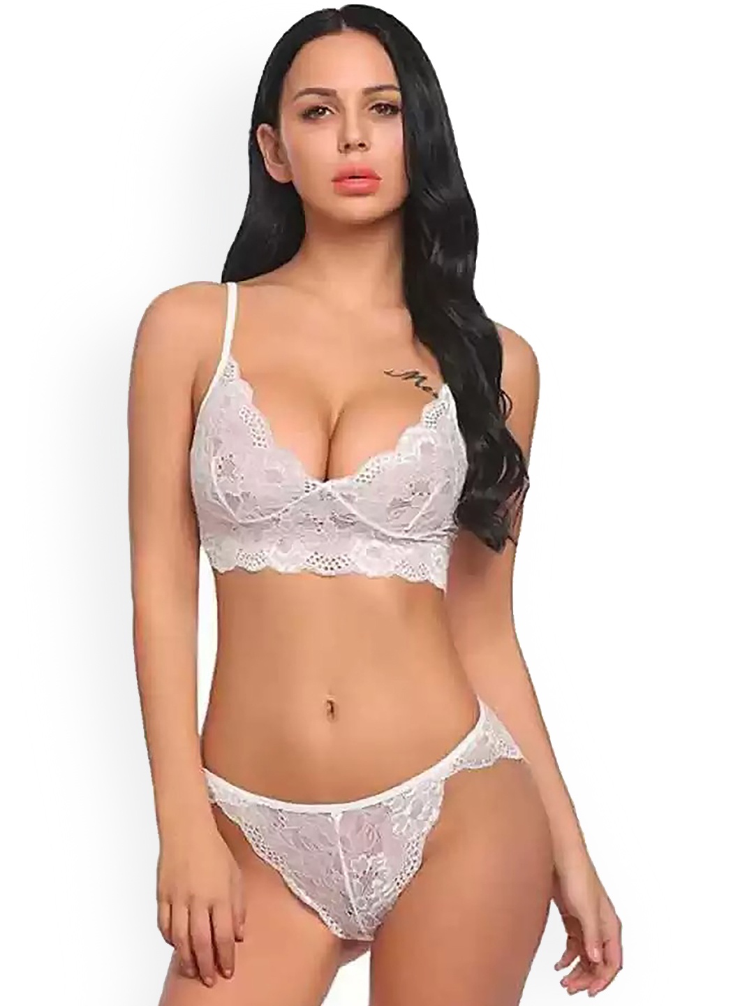 

AROUSY Self-Design Nylon Non-Padded Lingerie Set, White