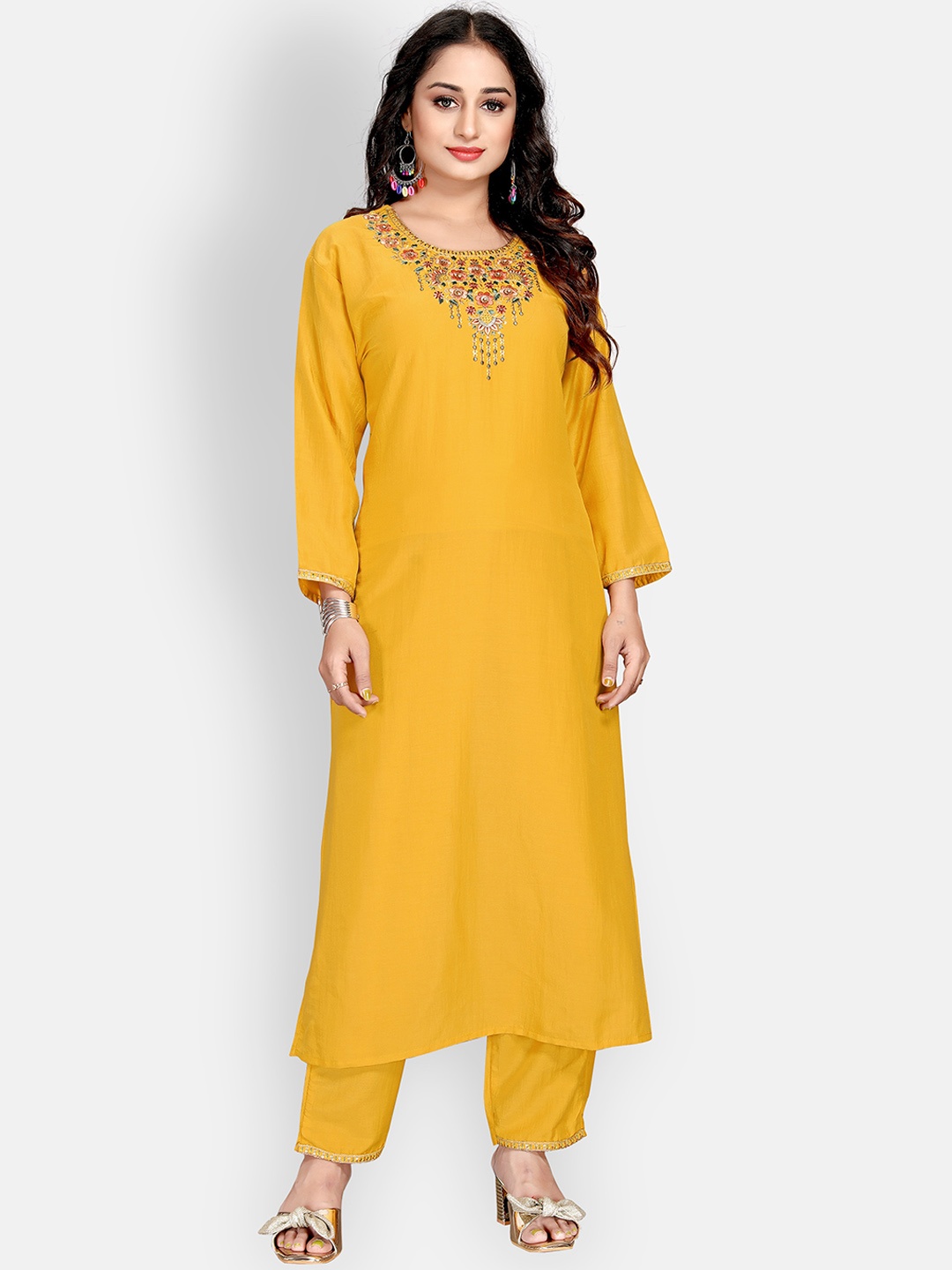 

Mclothings Women Embroidered Thread Work Kurta with Trousers, Yellow