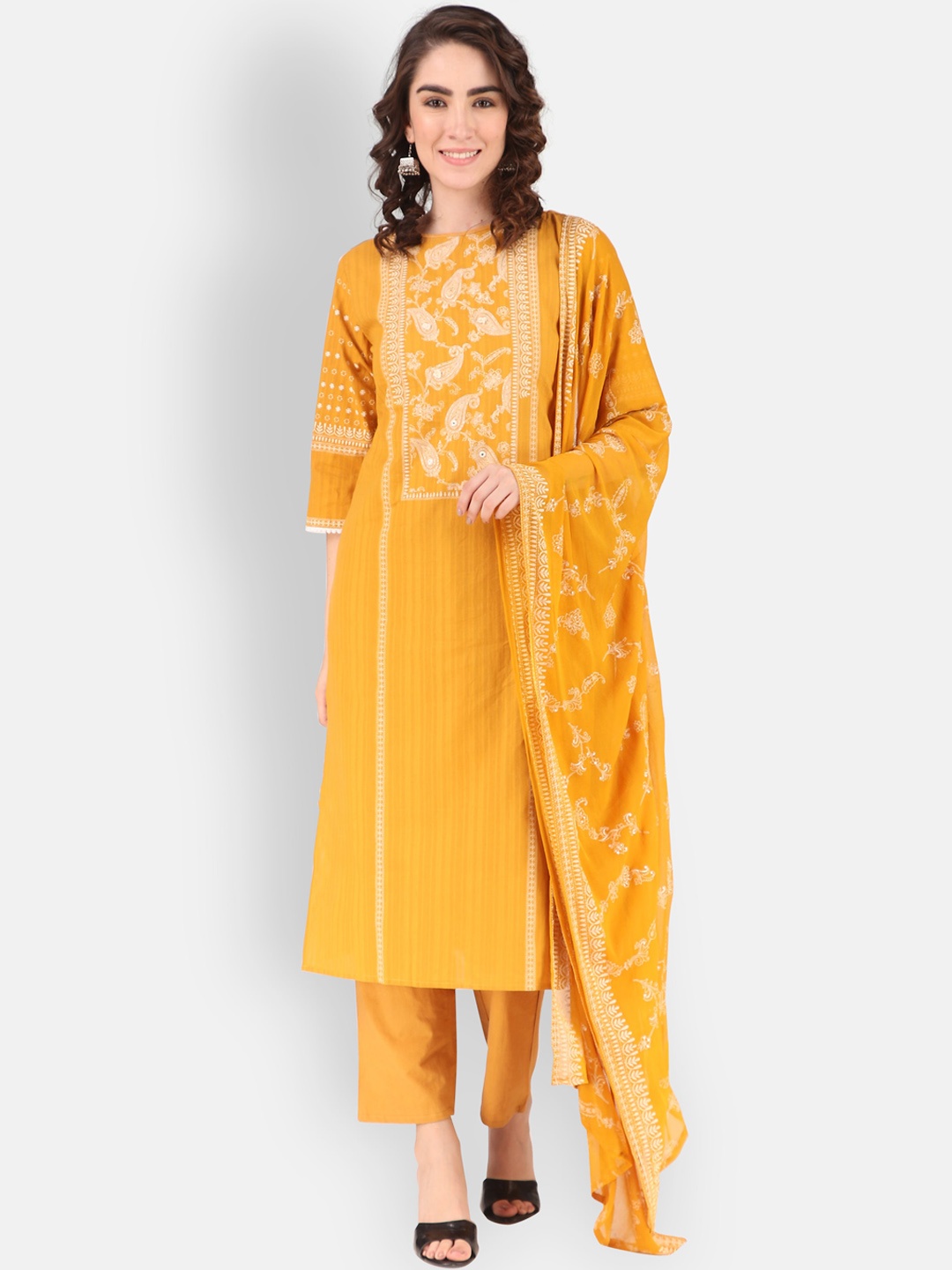

Mclothings Women Ethnic Motifs Embroidered Thread Work Kurta With Trousers & Dupatta, Yellow