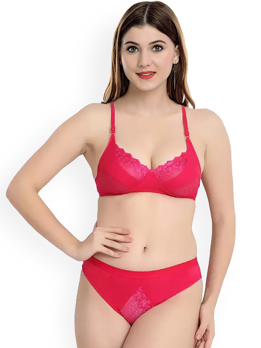 

AROUSY Self-Design Cotton Non-Padded Lingerie Set, Fuchsia