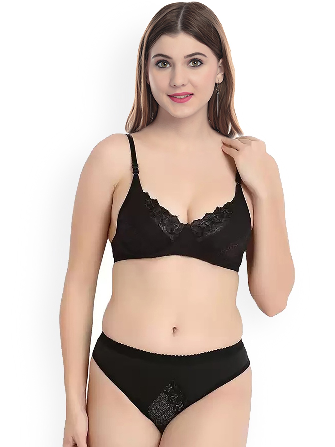 

AROUSY Self-Design Cotton Non-Padded Lingerie Set, Black