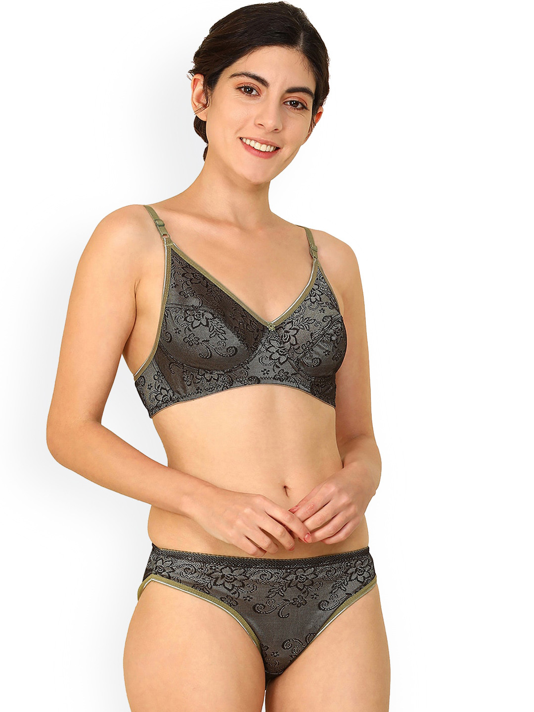 

AROUSY Self-Design Non-Padded Cotton Lingerie Set, Black