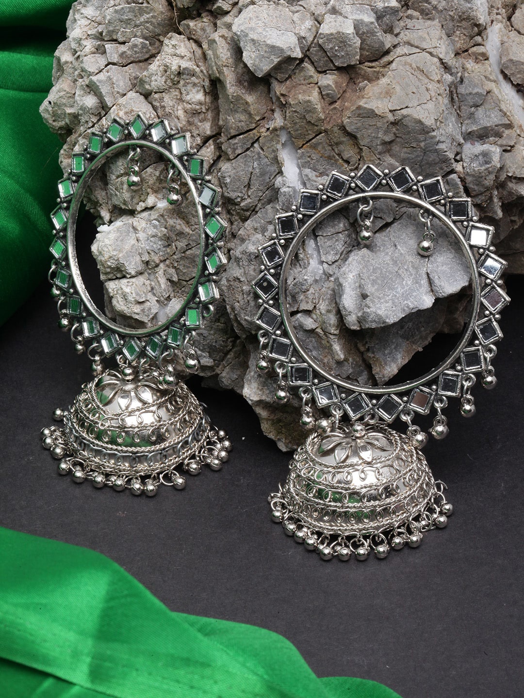 

DIVA WALK Silver-Plated Circular Mirror Jhumkas Earrings