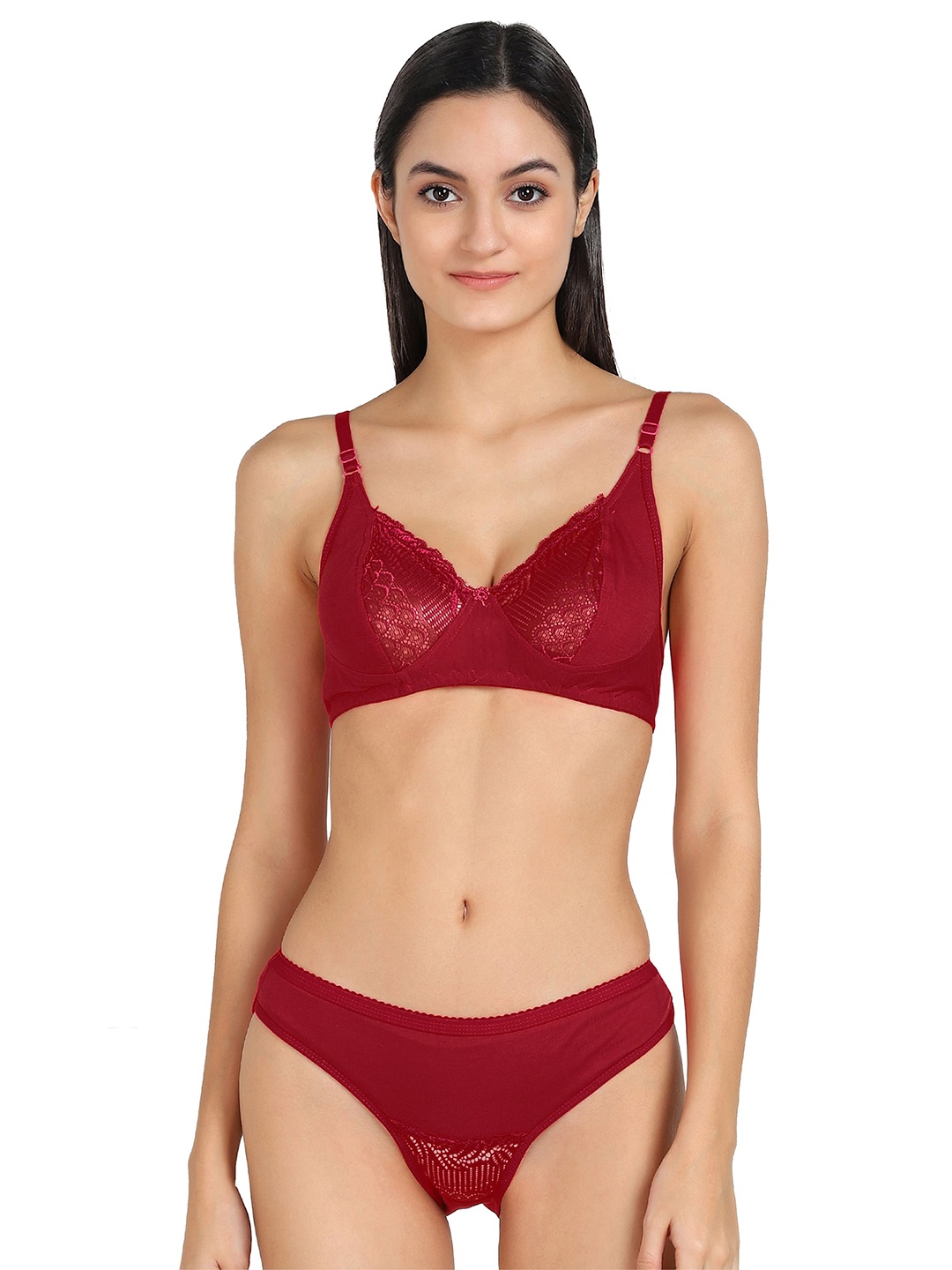 

AROUSY Self-Design Non-Padded Cotton Lingerie Set, Maroon
