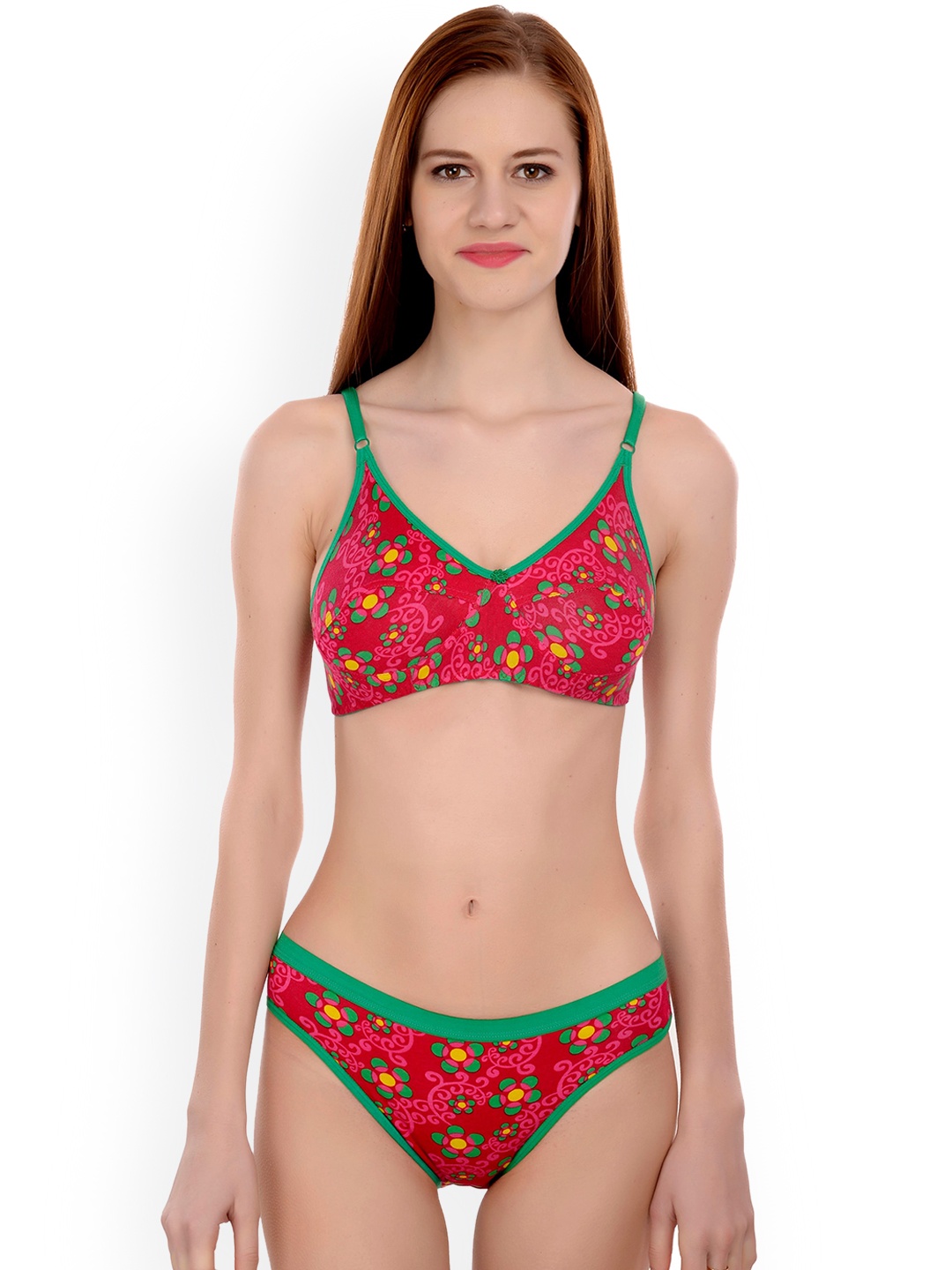 

AROUSY Floral Printed Cotton Non-Padded Lingerie Set, Red
